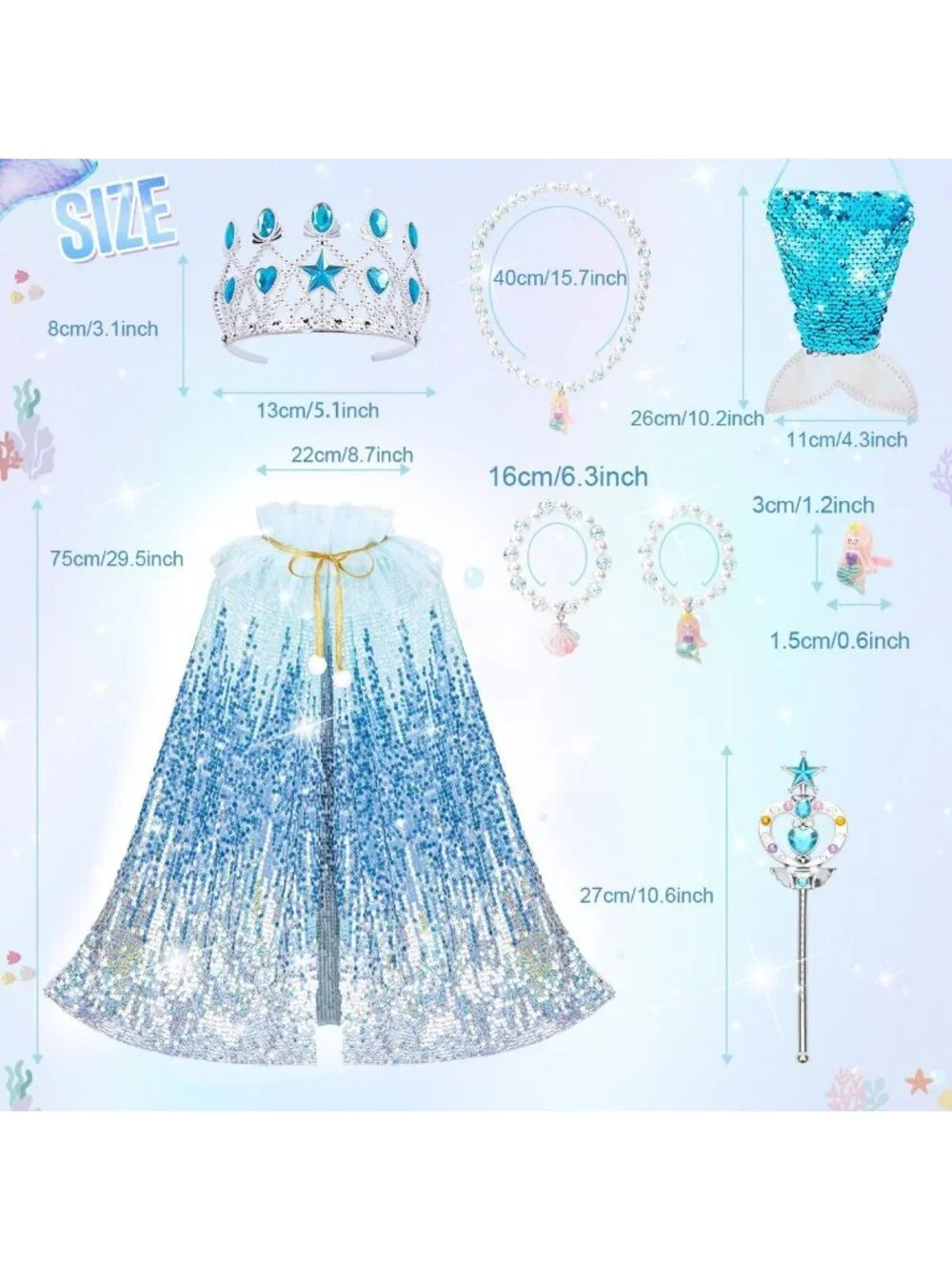 Mermaid Princess Dress Up Cape with Crown Costume Set for Girls -Ice Blue